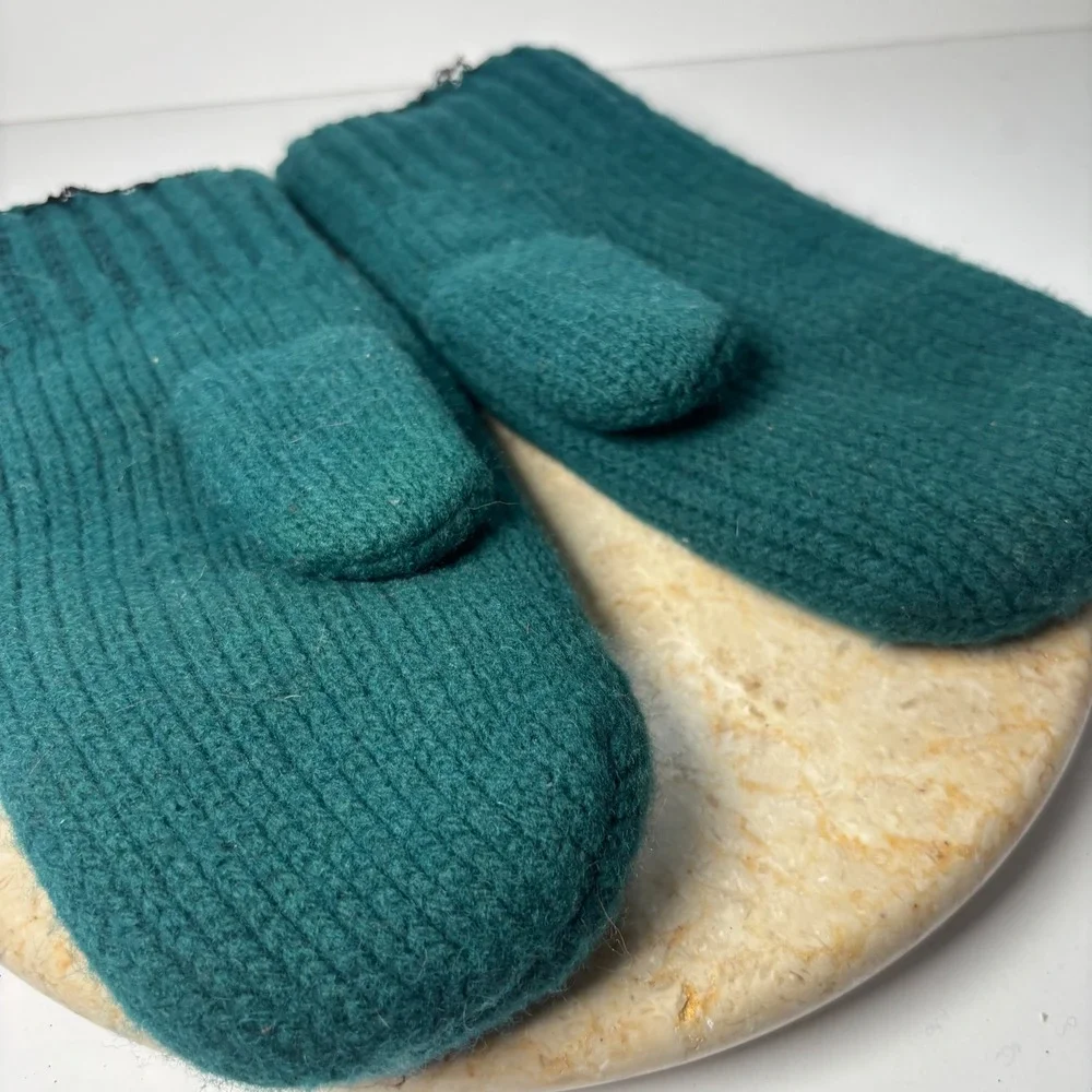 Vintage Wool Ribbed‎ Knit Mittens Large Teal Green Insulated Heavyweight Winter